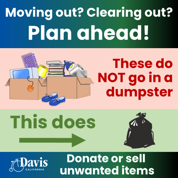 Image of two boxes with items that don't go in the dumpster and an item of a black trash bag that does go in the dumpster