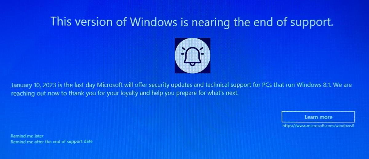 "Your operating system is nearing end of support" message