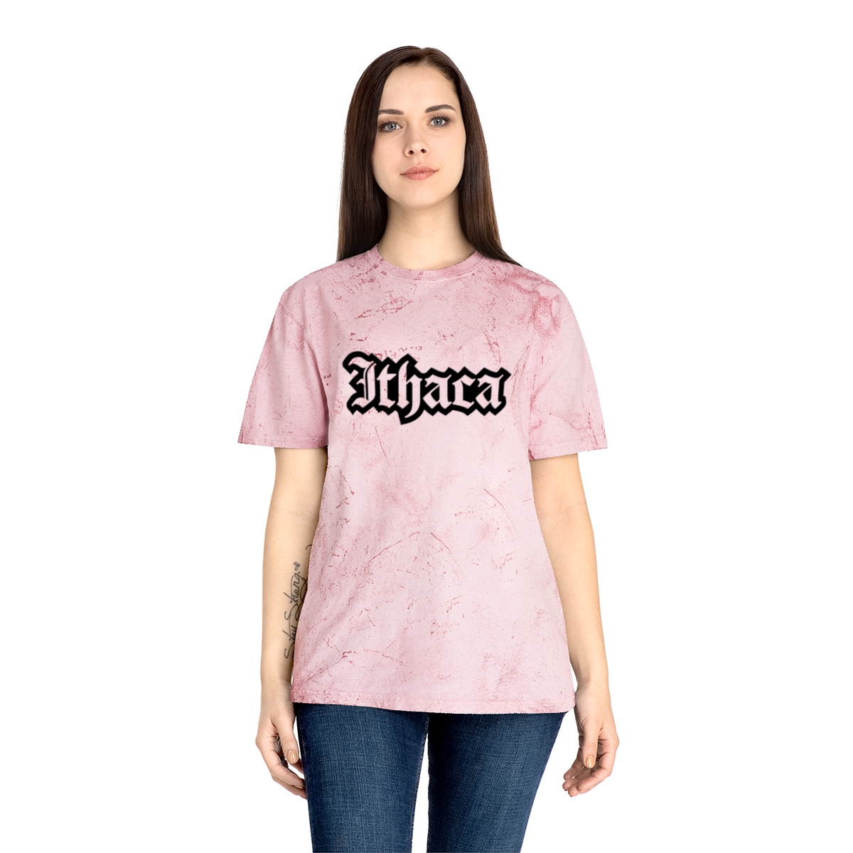 ithaca in blackletter on a pink shirt