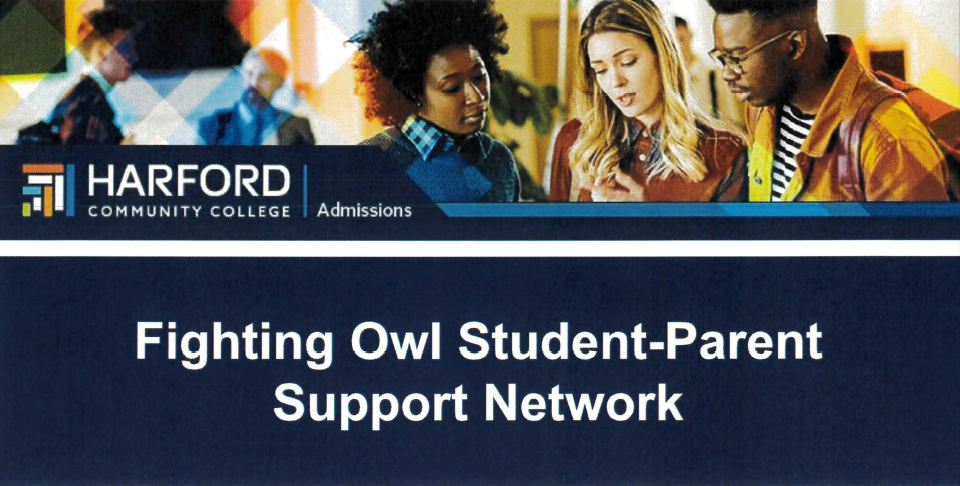 Logo for harford admissions a photo of students and text reading fighting owl student parent support network