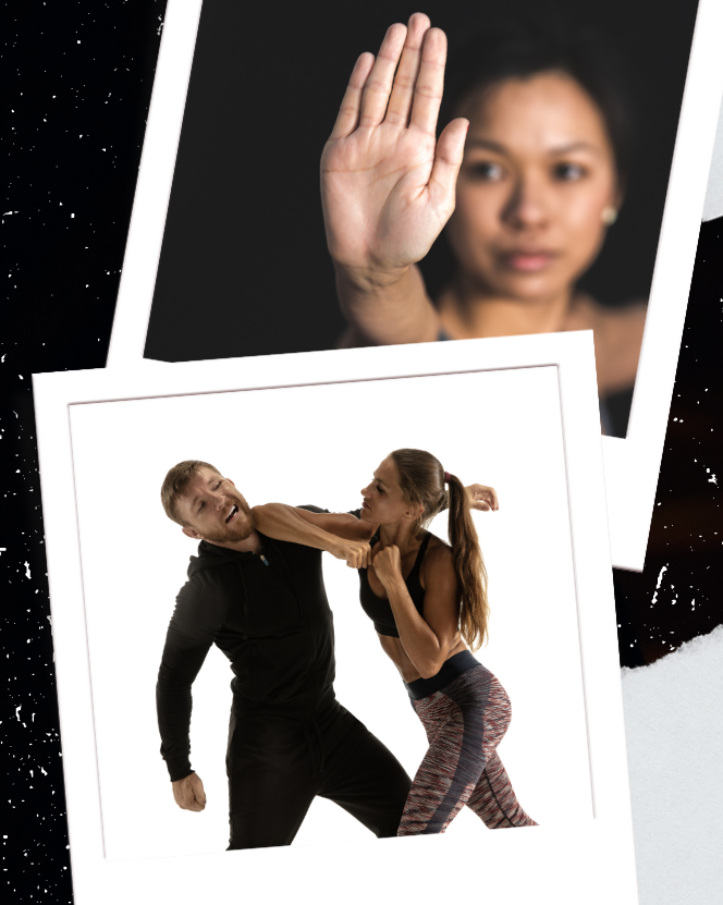 Photo collage of people doing self defense moves