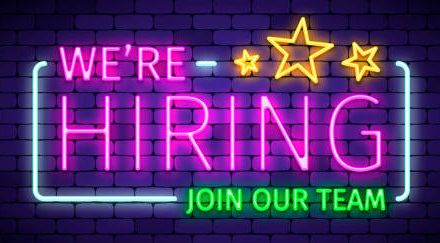 Image of neon lighting that reads We're Hiring Join our Team.