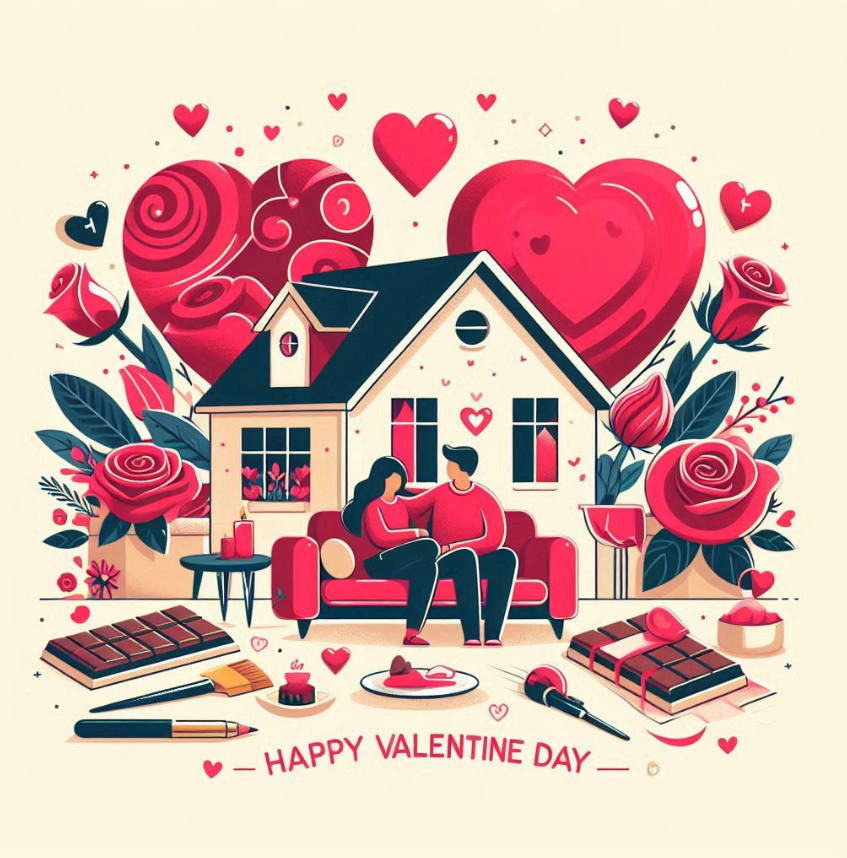 A couple sitting on a couch in front of a home surrounded by red roses, hearts and chocolate.  Happy Valentine Day!.