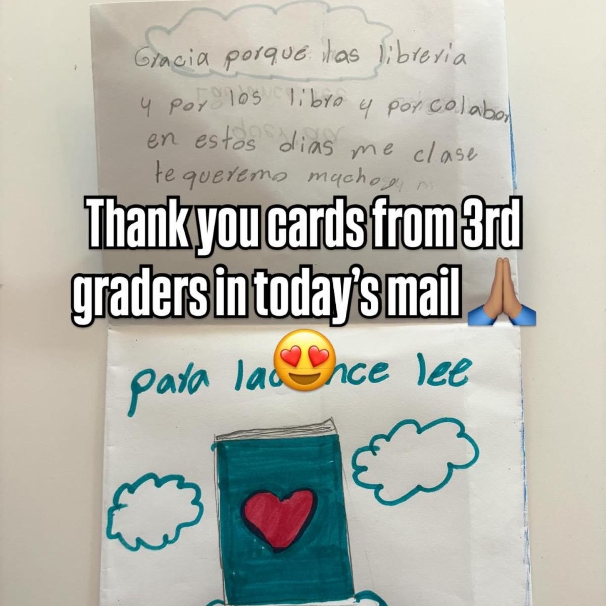 Una nota de agradecimiento escrita a mano por un estudiante de tercer grado de la Escuela Primaria Dolores Huerta