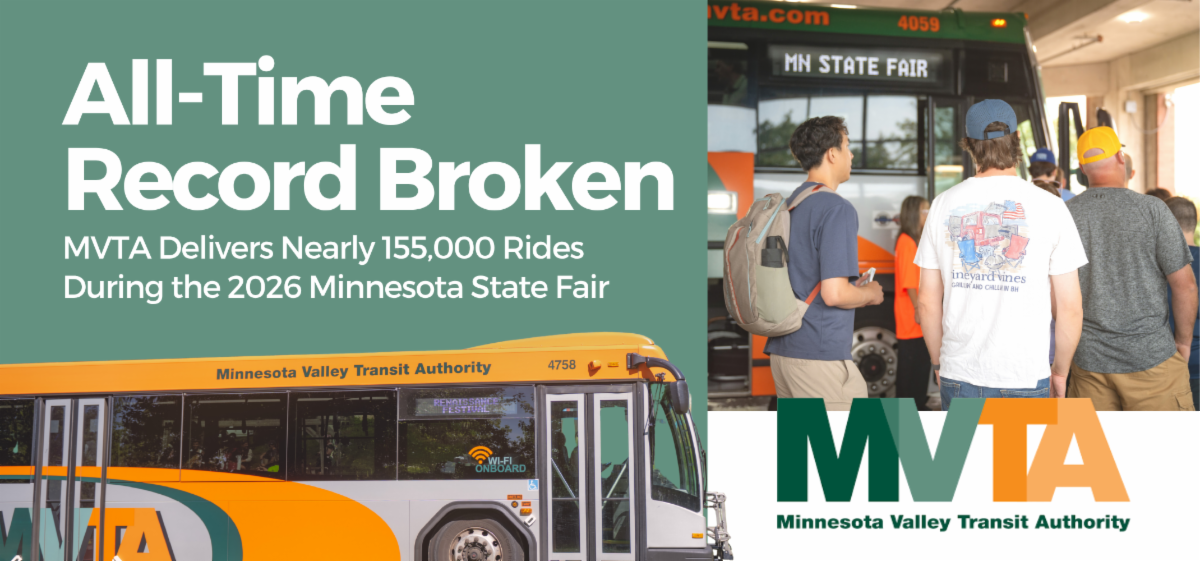 All-Time Record Broken: MVTA Delivers Nearly 155,000 Rides During the 2026 Minnesota State Fair Text with an image from the state fair, an image of their bus and the MVTA logo