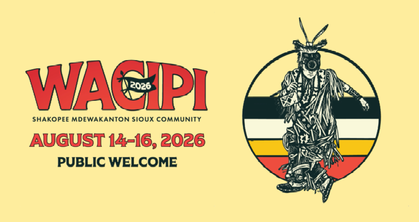 WACIPI Event info with a Native American dancing in front of blocks of colors