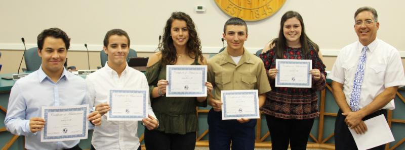 AP Scholars with Distinction - Santiago Uribe_ Pedro Uribe_ Gloria McIntush_ Clancy Forlano and Elizabeth Buell with Board Trustee Michael Calta