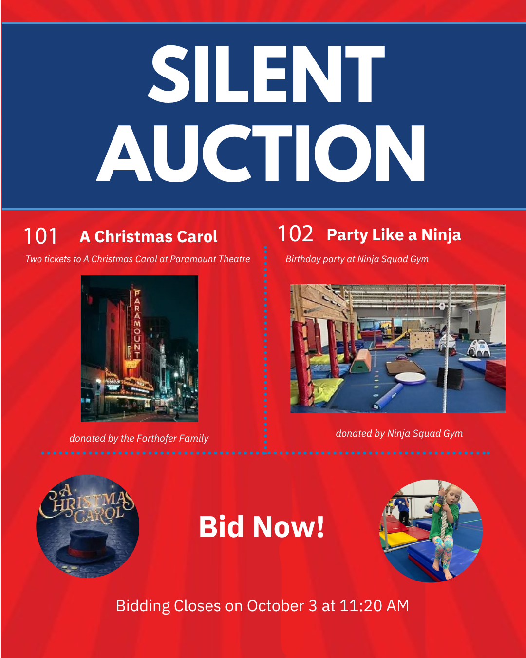 Silent Auction red poster with prize images. 