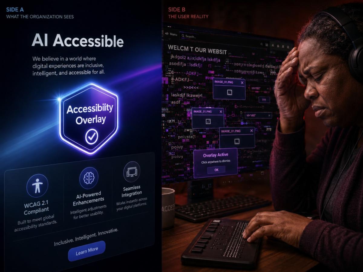Side A shows how an AI accessibility overlay is supposed to work. Side B shows the frustration of a person using a refreshable Braille display with the same overlay.