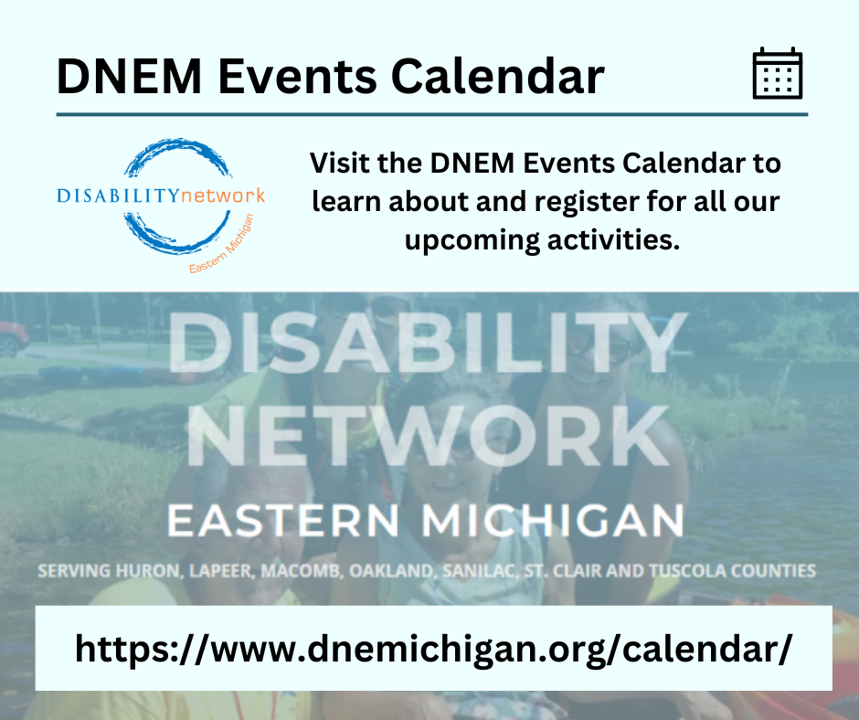 DNEM logo and screenshot of the DNEM website. Text reads Visit our Events Calendar to learn about and register for all  our upcoming activities. Calendar website is at the bottom.