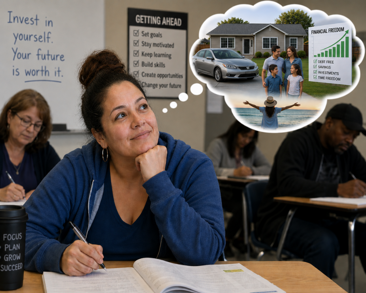 A woman participating in a Getting Ahead workshop is thinking about a financially stable future.