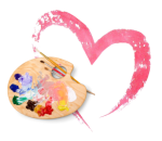 A painter palette is surrounded by a painted heart outline.