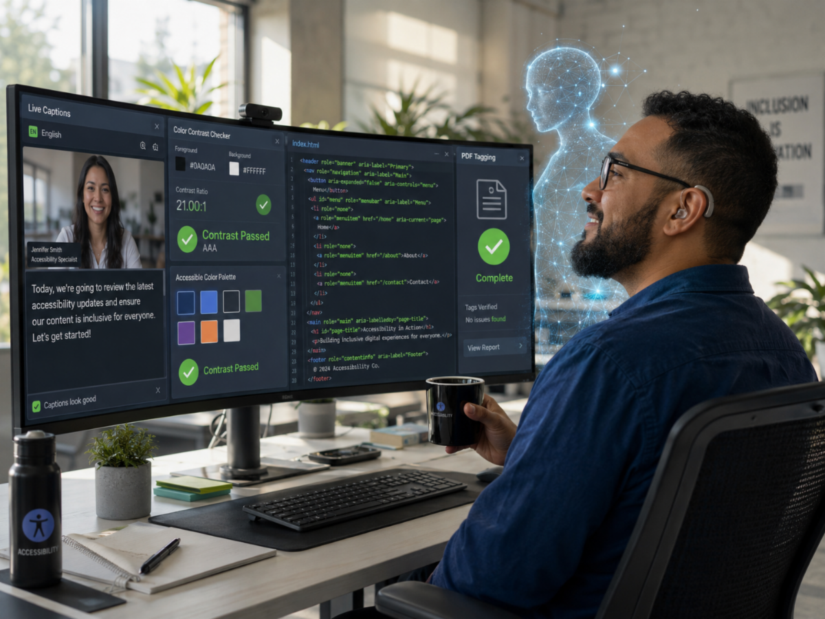 A man wearing a hearing aid is seated in front of computer screens showing how AI tools are quietly making digital accessibility easier.