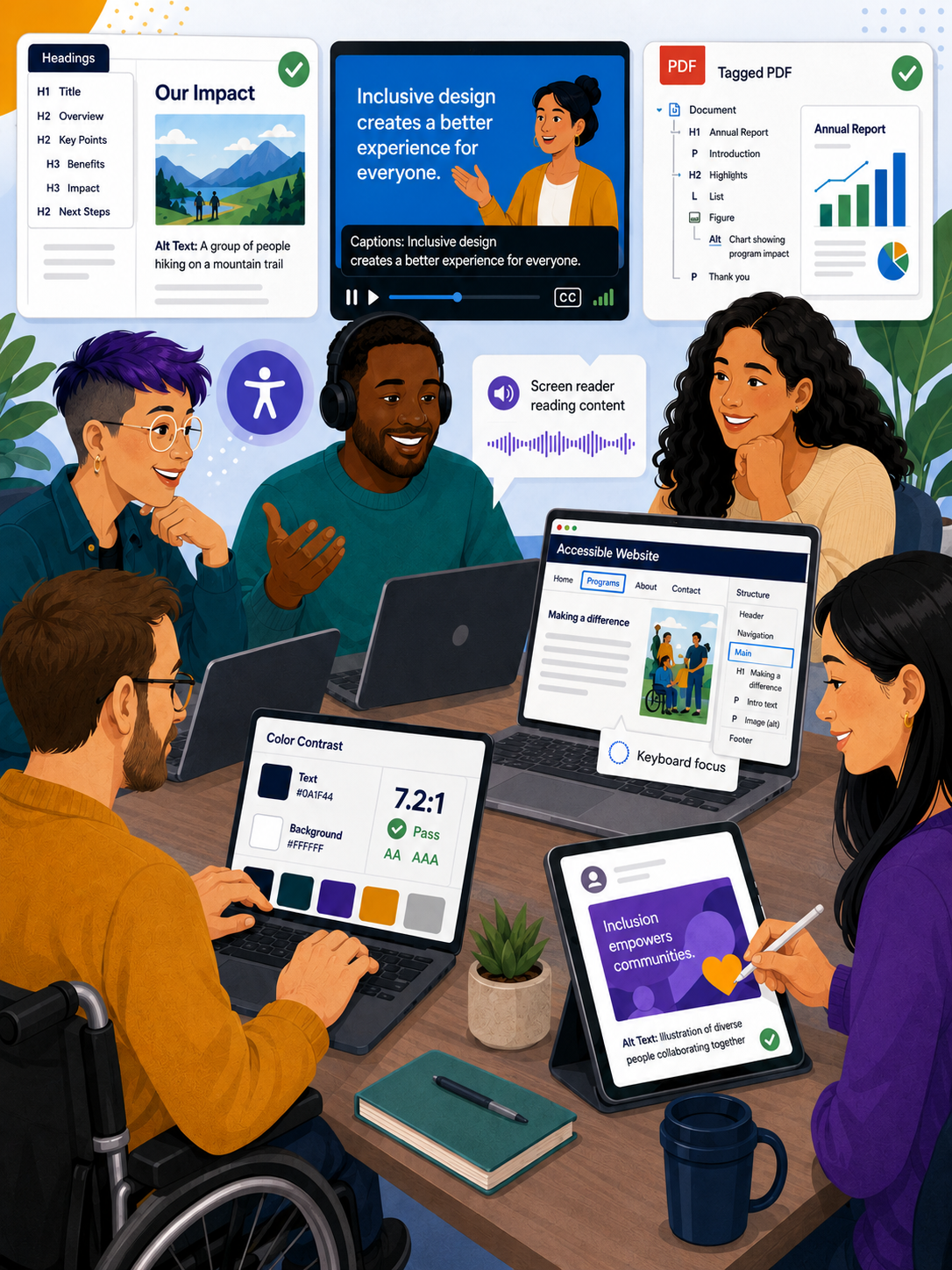 Five diverse people are seated around a table collaborating on a using digital accessibility tools. The text says Access in Action Digital Accessibility Training Series.