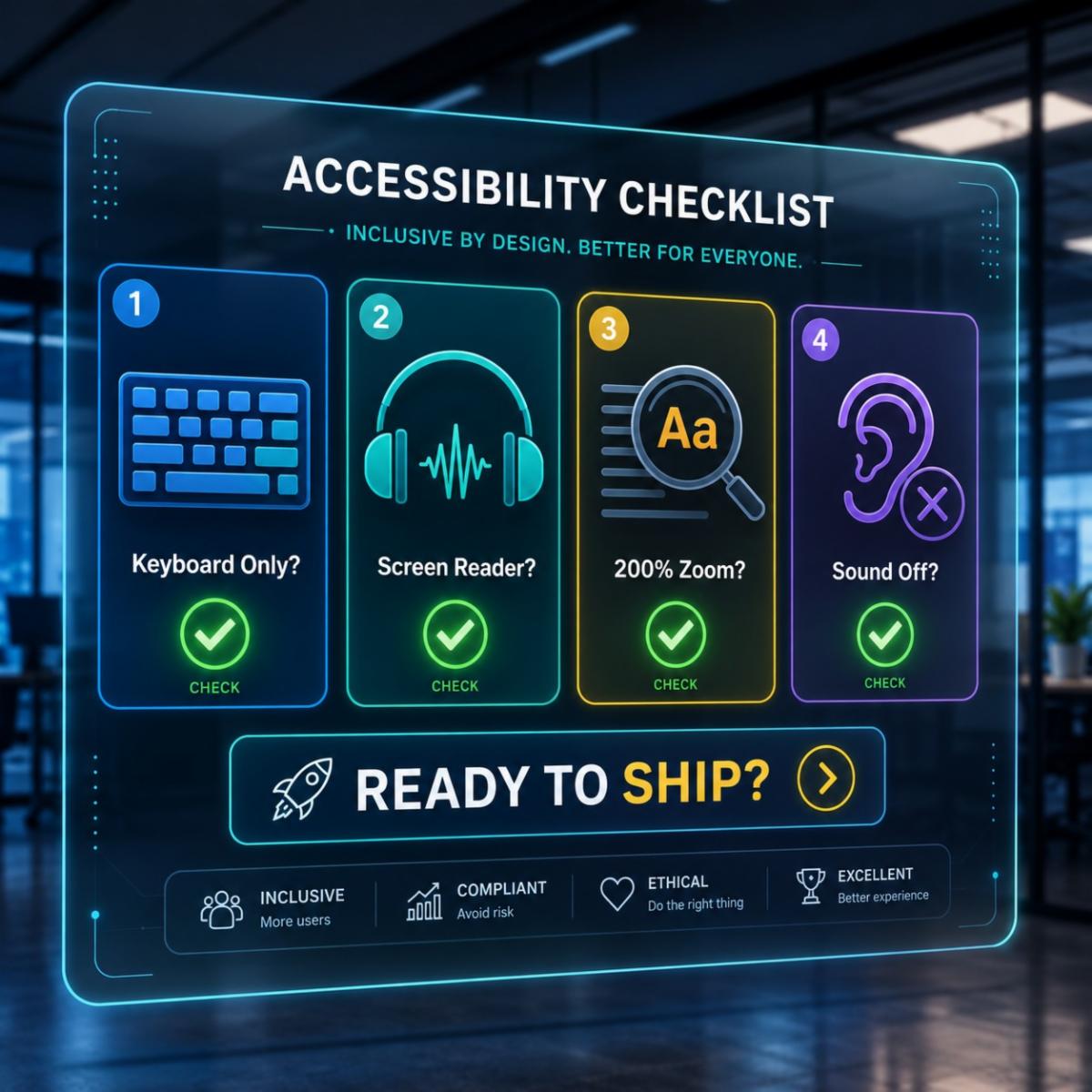 A digital accessibility checklist that tells reminds users to check with keyboard only, a screen reader, at 200% zoom and with sound off.