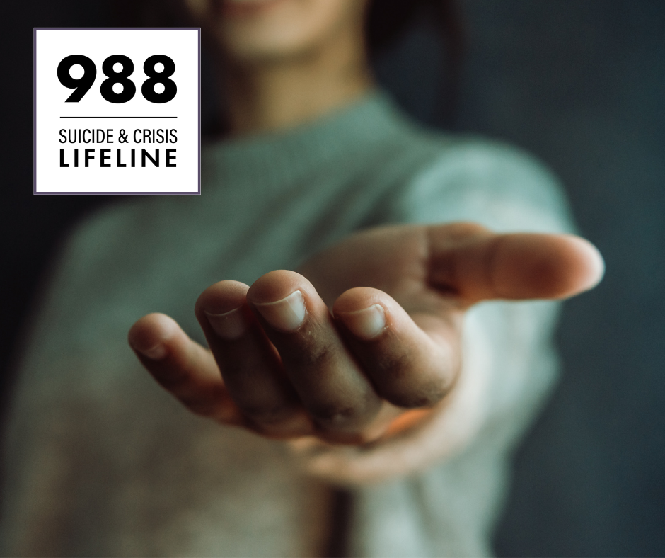 A person with an outstretched hand in a gesture of help. The 988 Suicide & Crisis Lifeline logo is in the corner.