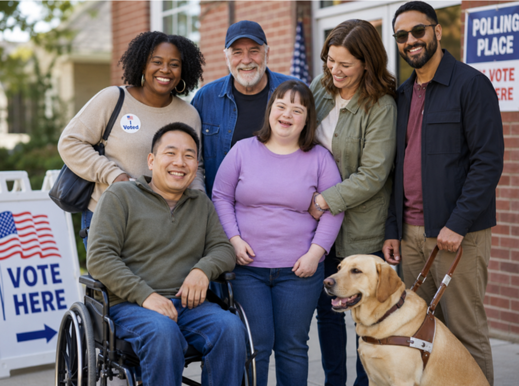 Six people with disabilities are outside a voting precinct.