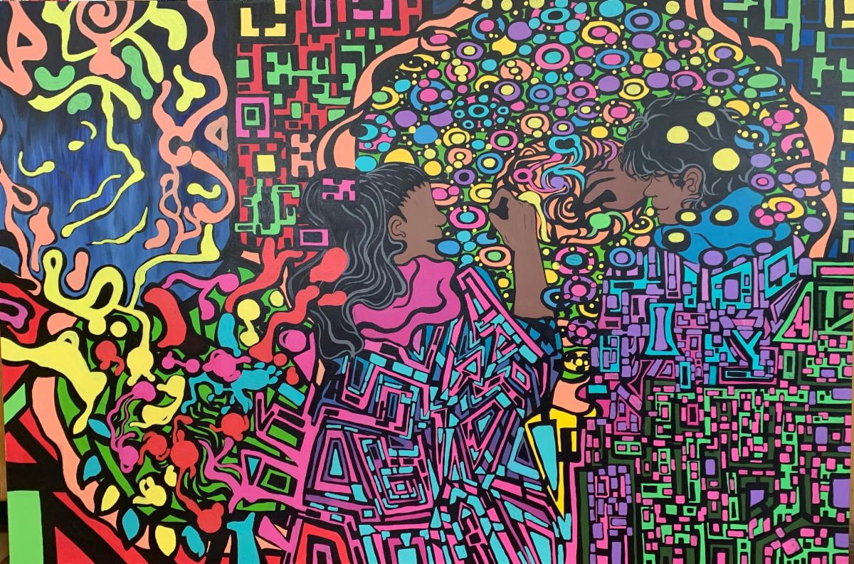 Abstract colorful painting in which 2 figures emerge