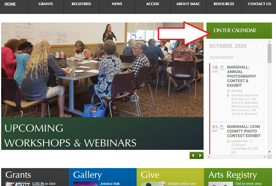 Screen shot of the SMAC homepage showing where to find our Arts Calendar. 