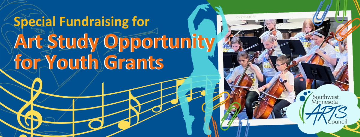 Photo of student orchestra, a dancer, music notes, and a painter