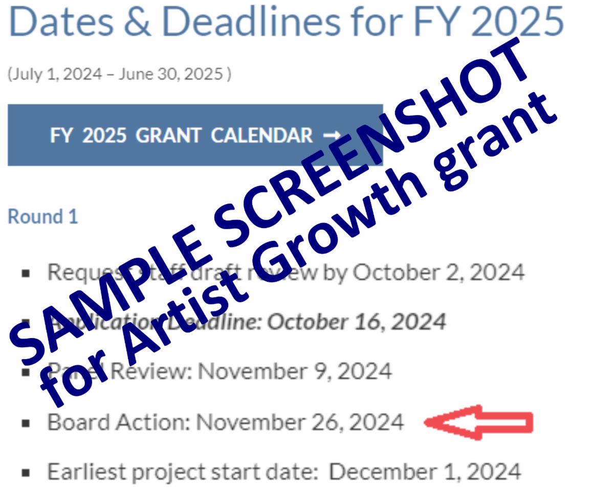 screenshot from SMAC website for Artist Growth Grant showing board review date