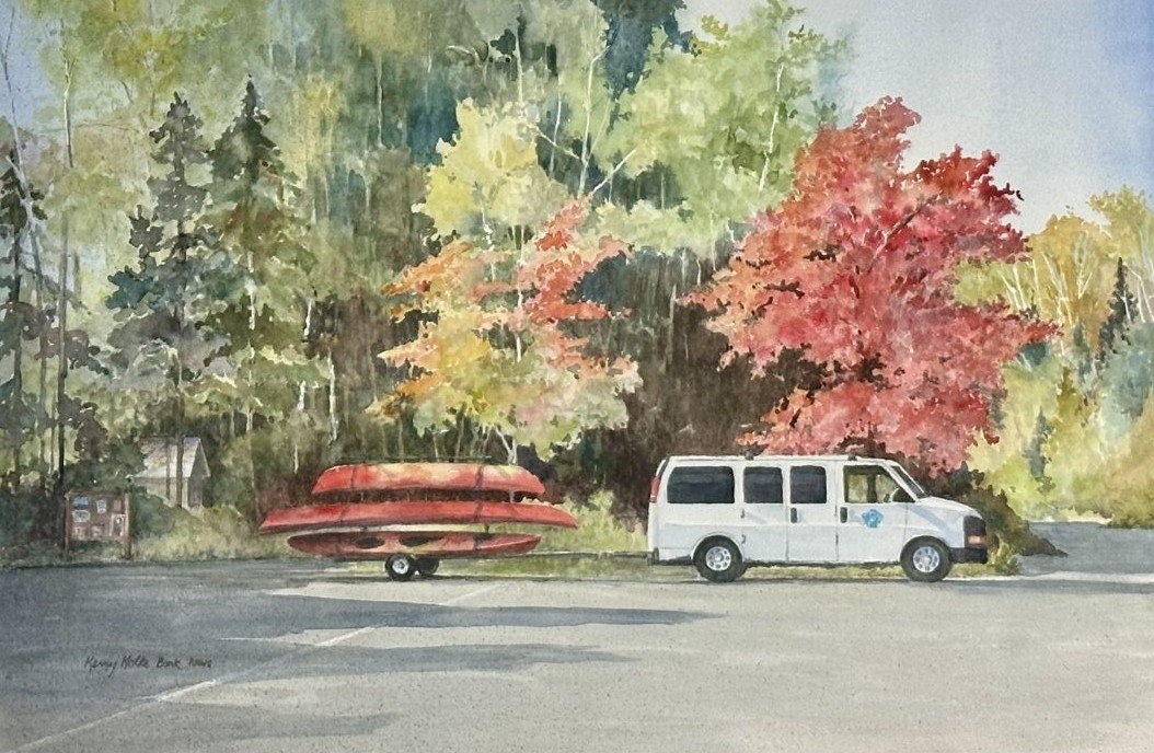 Water coloring painting of white van pulling a boat, fall trees behind them