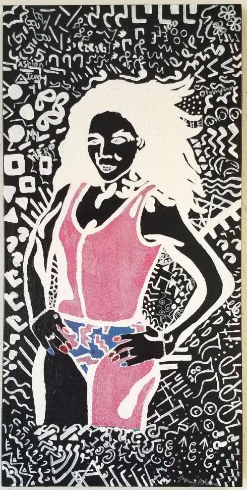 Stylized portrait with complex doodling in the background