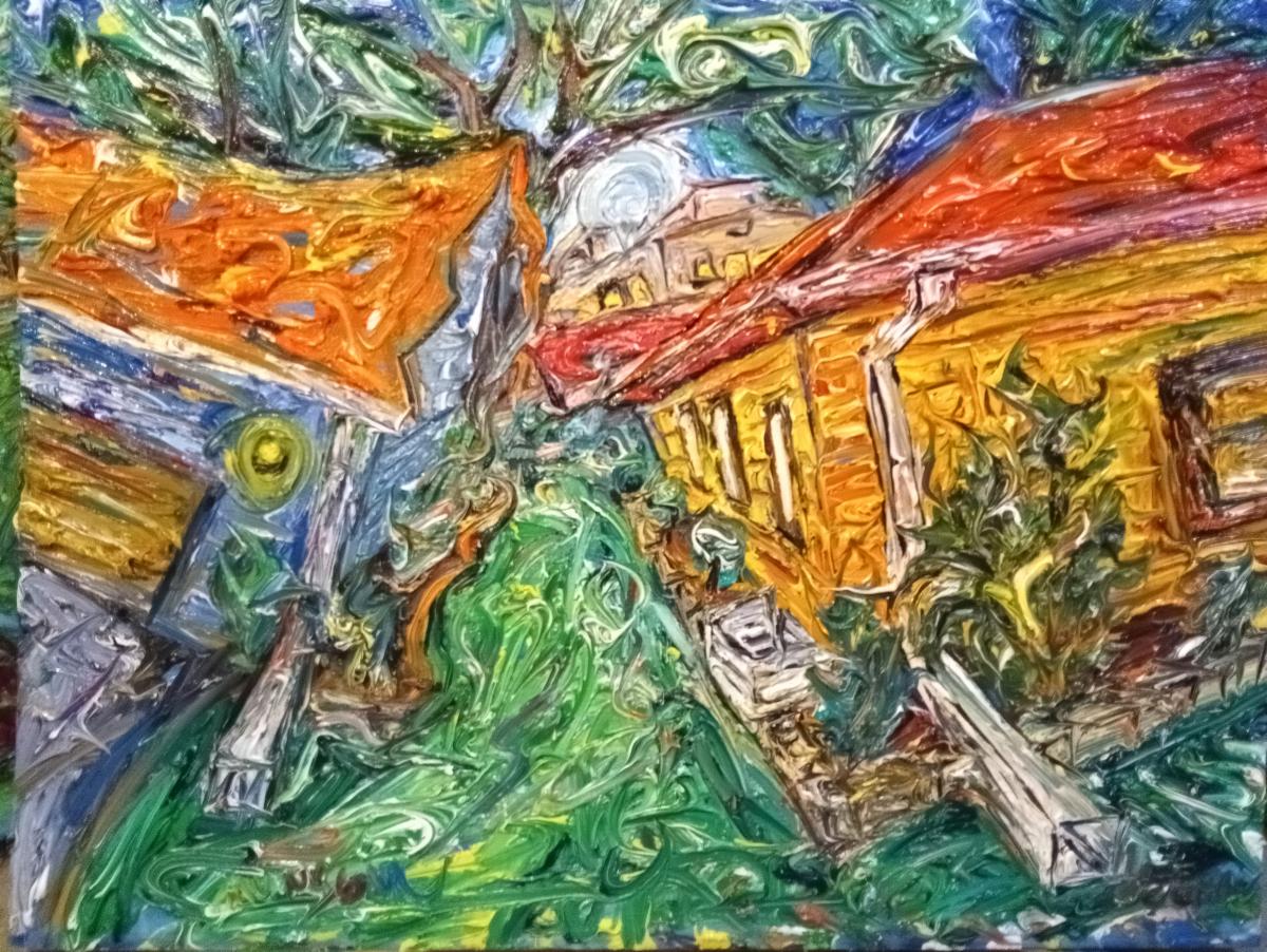 John Munson painting colorful abstract town buildings and grass