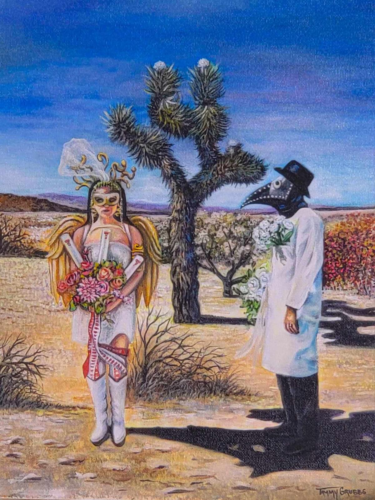 Surreal portrait of costumed wedding couple in the desert