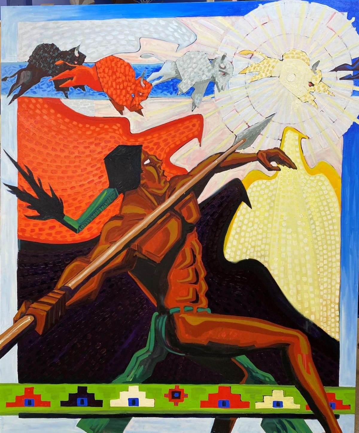 Vibrant and colorful painting of a Lakota man throwing a spear at a sun buffalo.