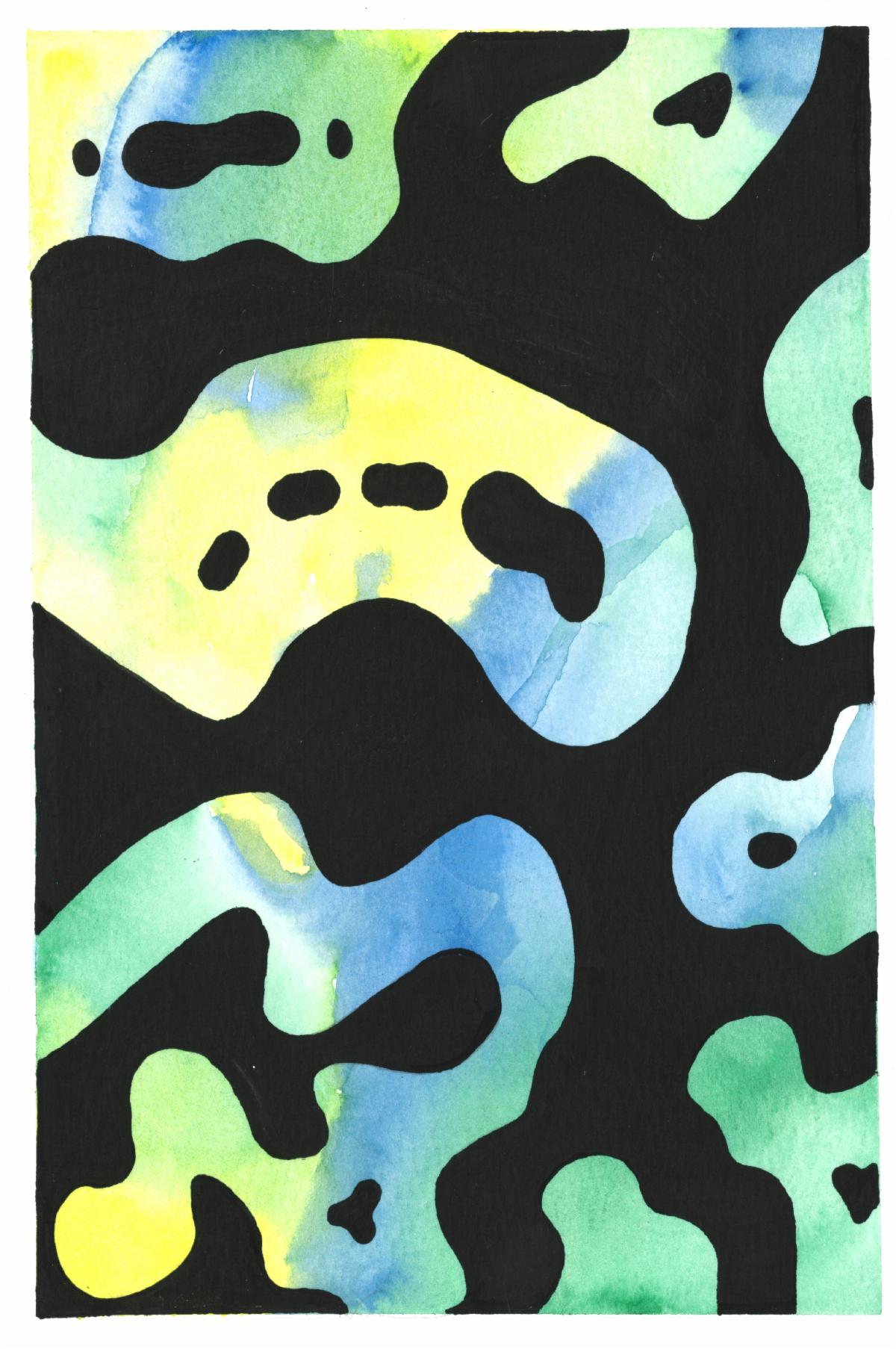Abstract art of black, blue, and yellow