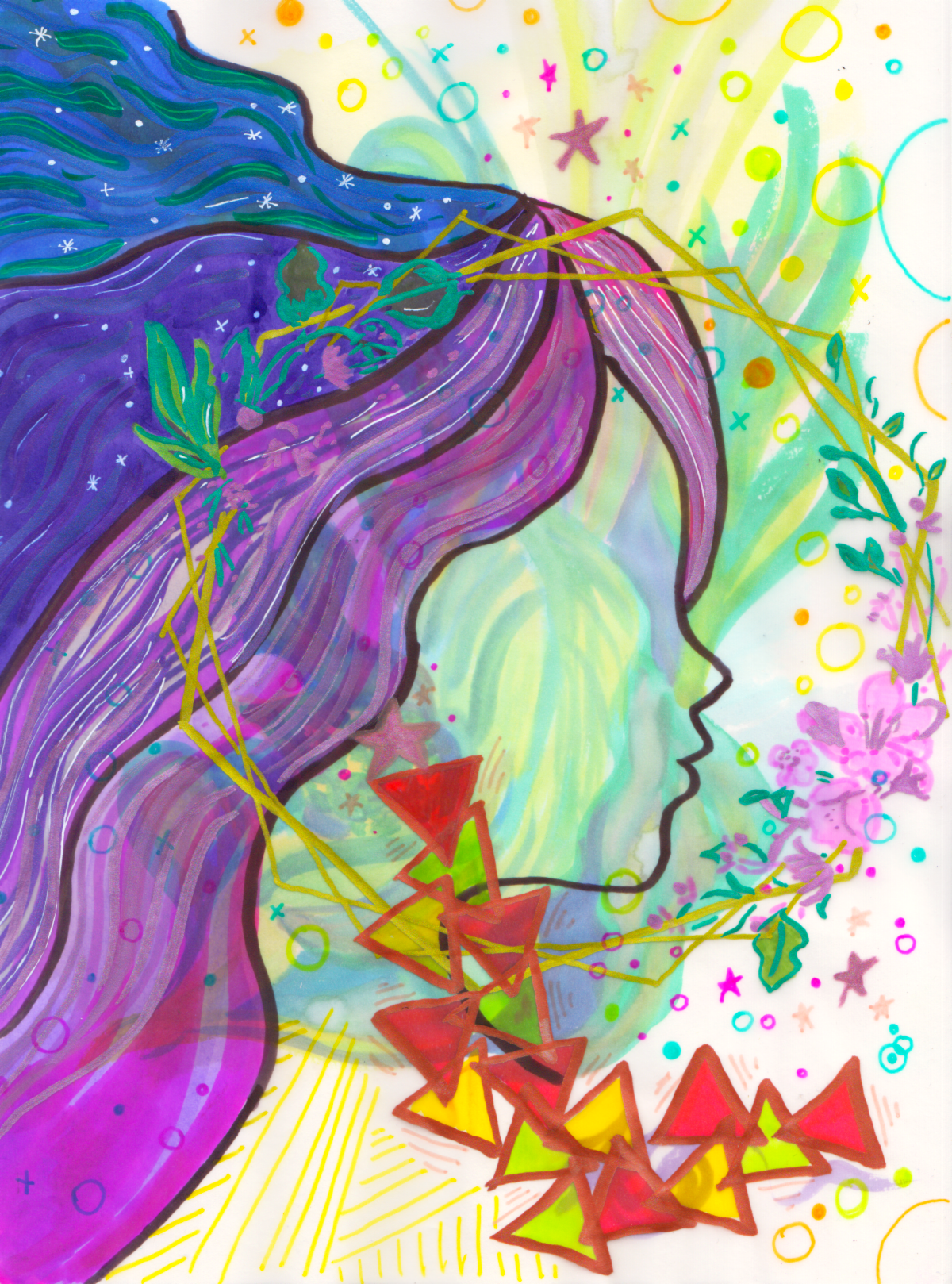 Stylized profile of a woman with different colored cosmic hair, decorated with flowers and shapes