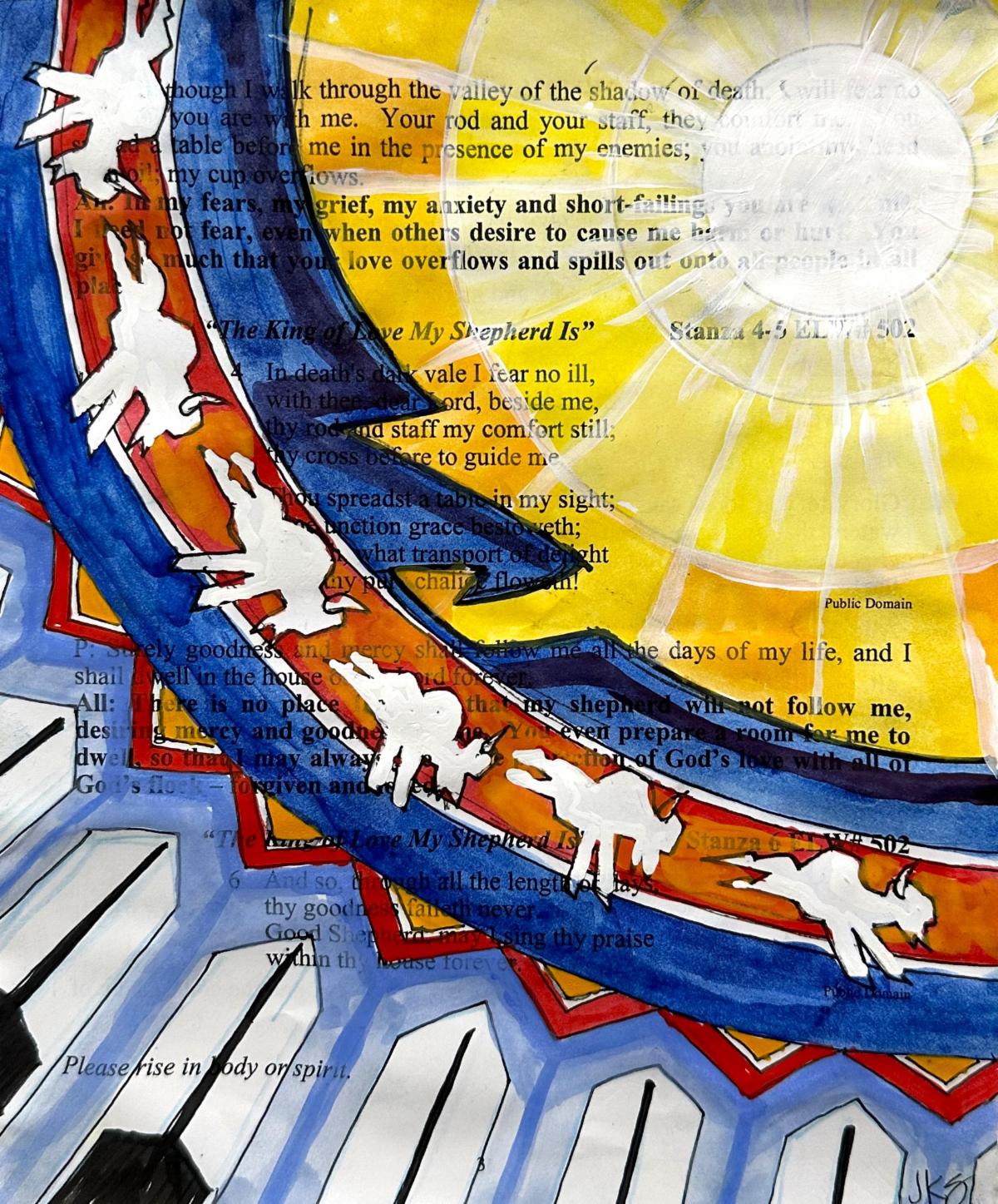 Abstract sun, buffalo, and feathers