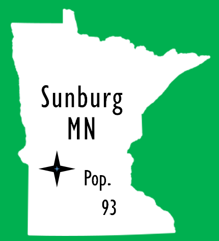 MN shape with an x where Sunburg is located, listed population 93