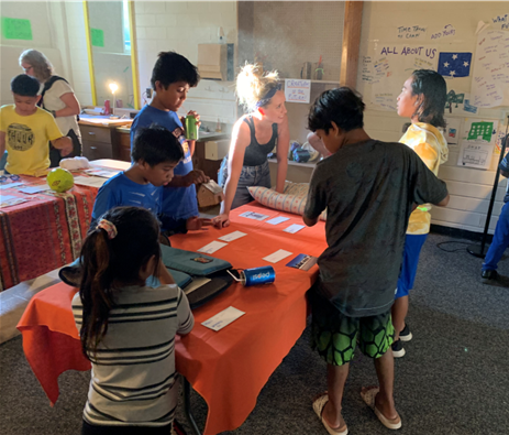 Kids gather around tables