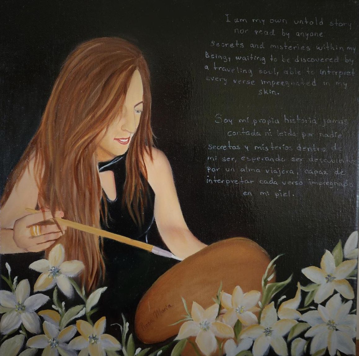 Painting of a woman with a paint palette and white flowers, black background