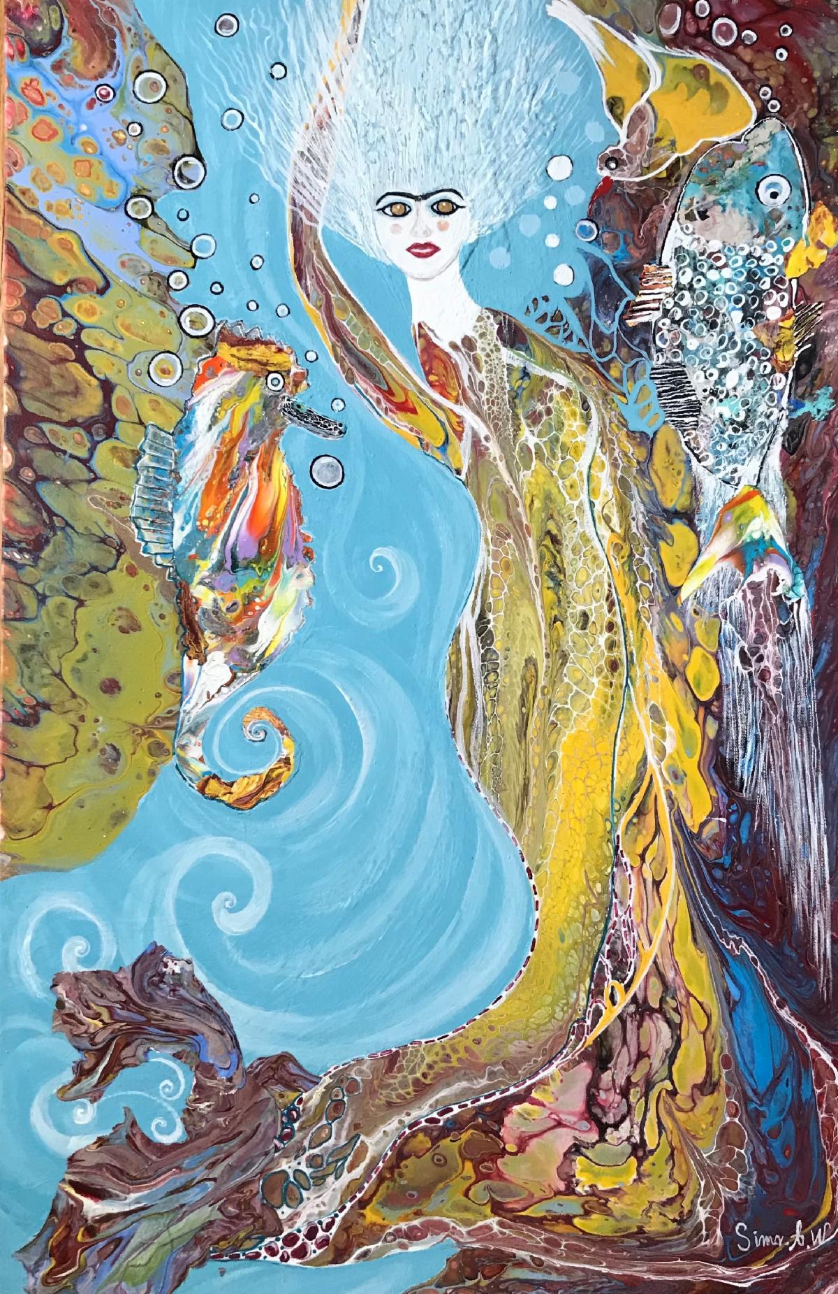 Colorful underwater scene of mermaid and fish, very stylized and somewhat abstract