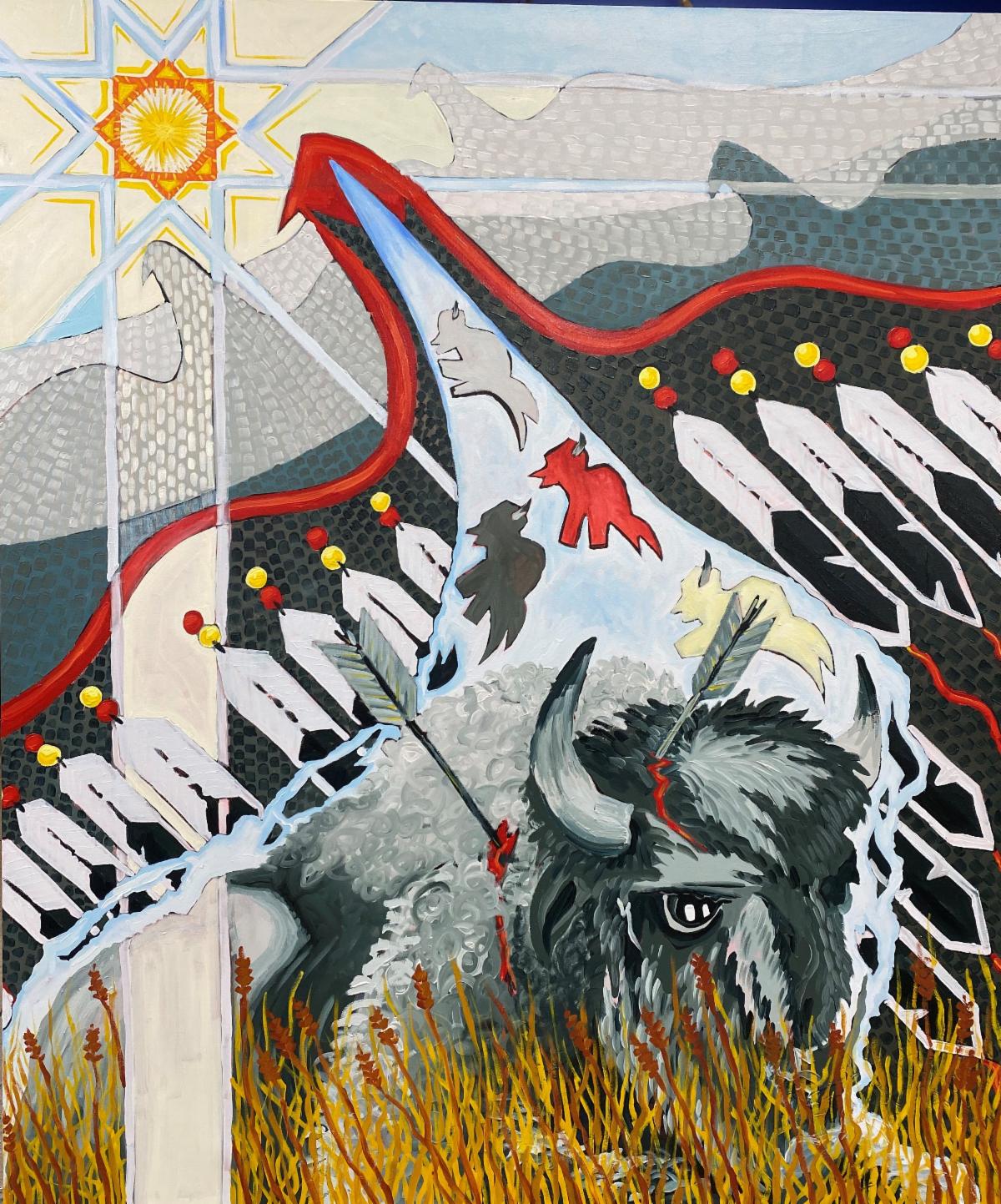 Painting with bright red and yellows, featuring a buffalo, eagle silhouette and the sun.