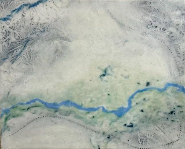 Abstract map artwork done in encaustic. Titled Beyond the River II