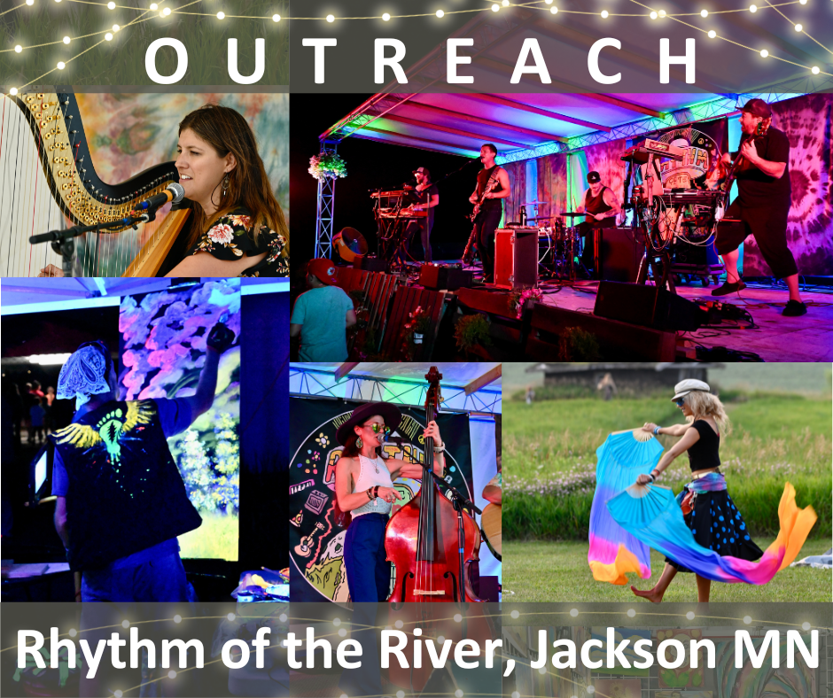 Outreach: Rhythm of the River, Jackson, MN. Photo collage of outdoor concerts, painting demonstrations, and dancers with colored fans