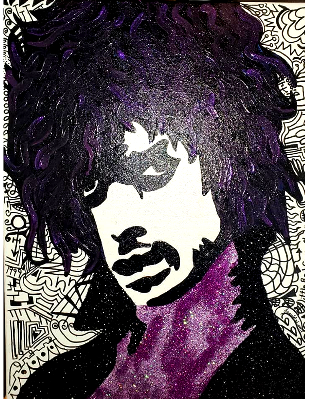 Stylized Prince portrait with black, white and purple paint. Purple paint has glitter.
