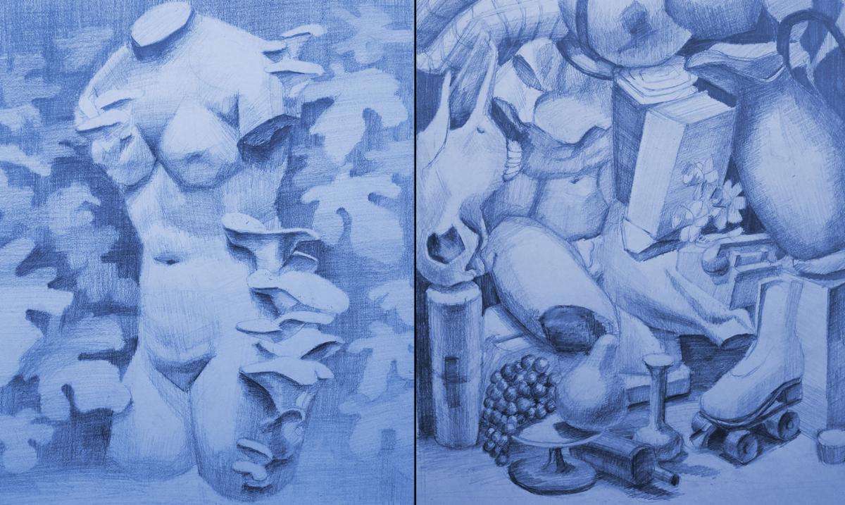 Cyanotypes of 2 still lifes that contain a statue's torso, mushrooms, fruit, sake, vase, flowers, book, and more shapes.