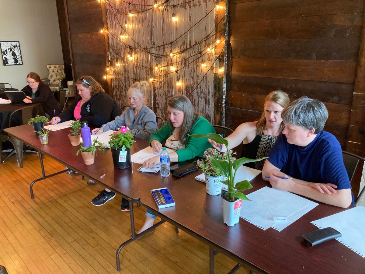 People sit at a table with potted plants, they are sketching them