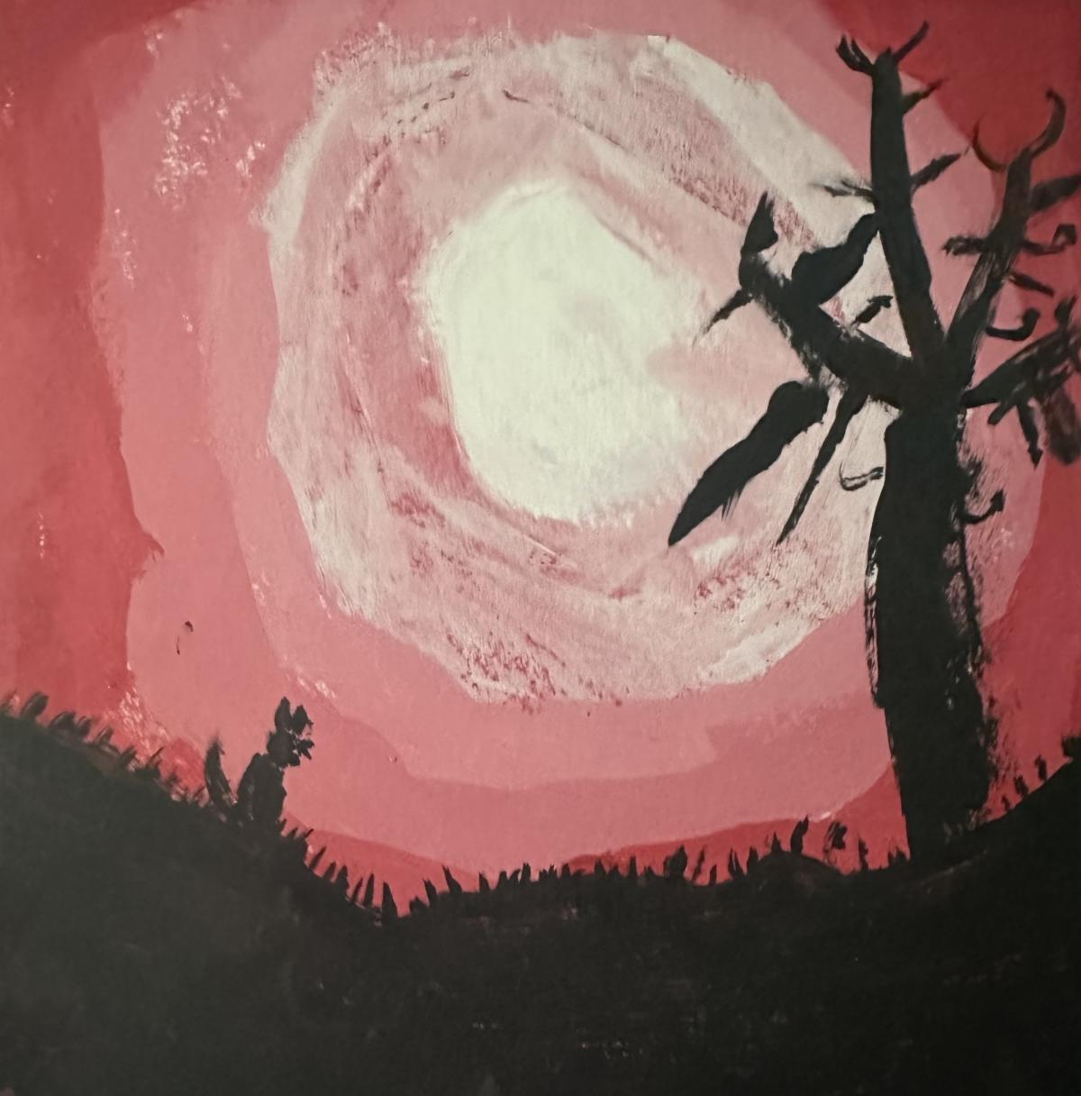 Shades of pink for a moonlit sky with black silhouette of tree and wolf