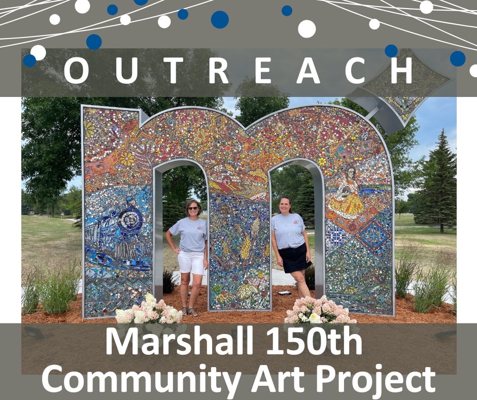 Outreach: Marshall 150th Community Art Project. Nicole DeBoer and Tammy Isfeld pose with outdoor "M" sculpture that's made up of mosaic tiles in blue, green, and orange