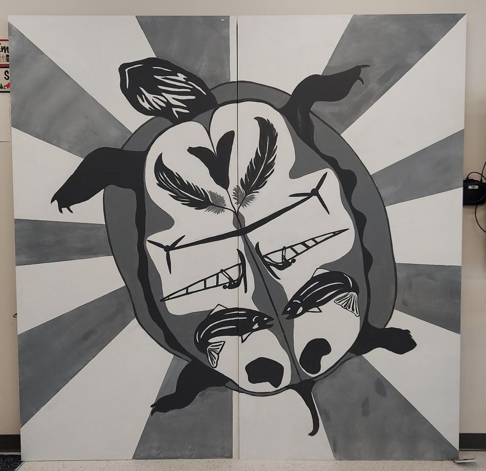 Black and white turtle mural outline
