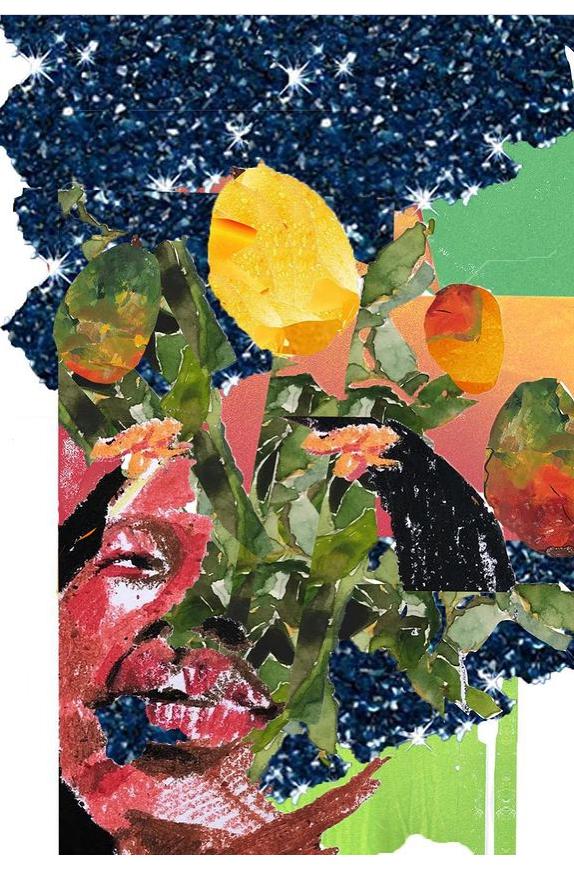 Collage looking image with bright colors, fruits, leaves and a dark skinned face