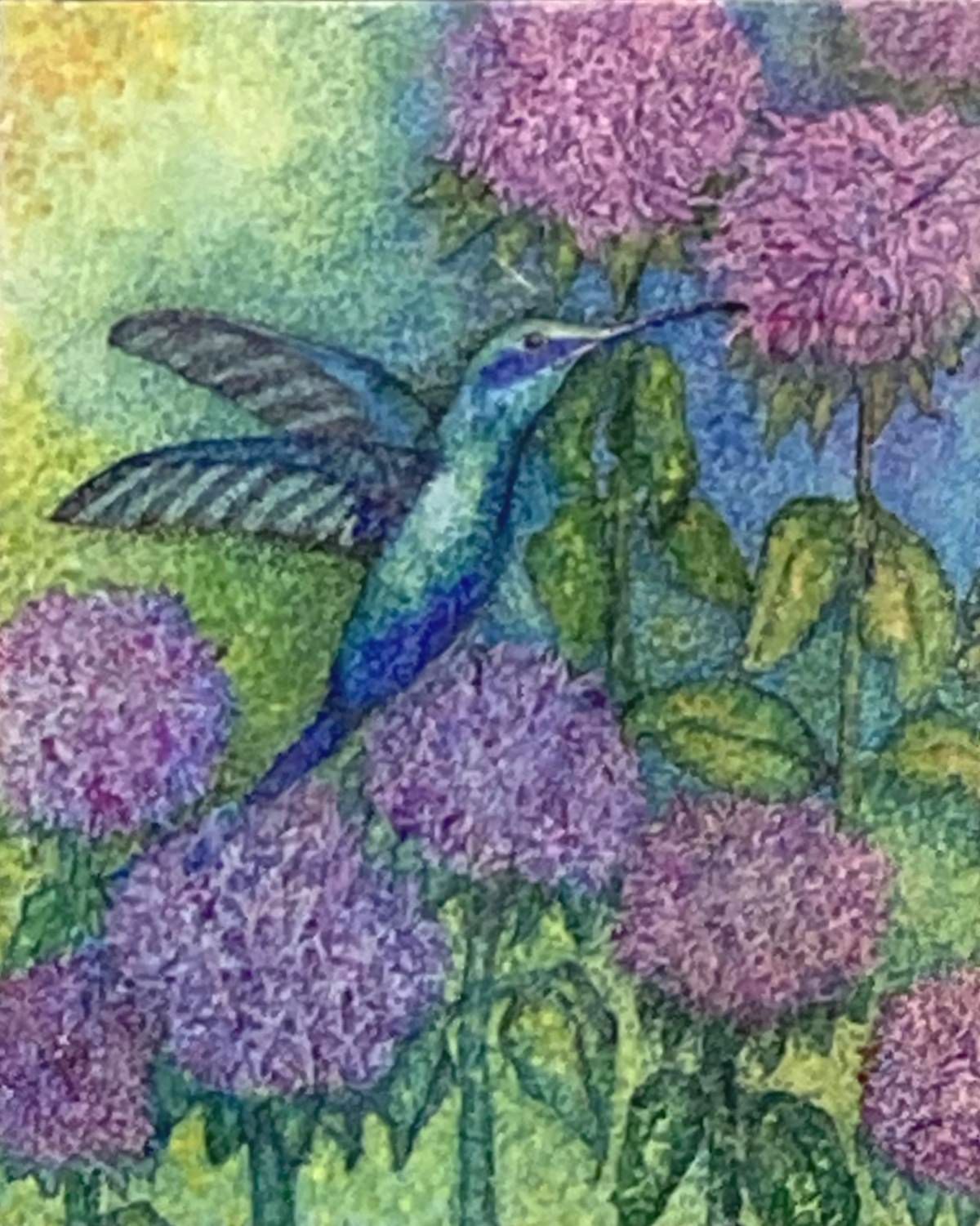 Colorful pointillism artwork with bright colors of a humming bird and flowers