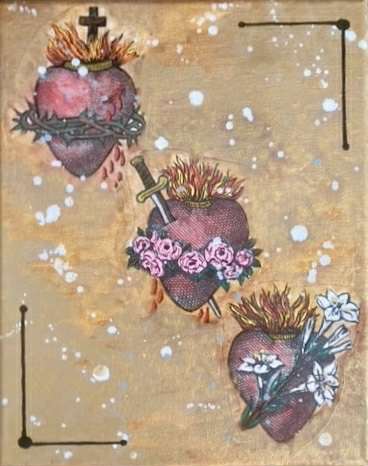 Mixed media art of 3 hearts on gold canvas 