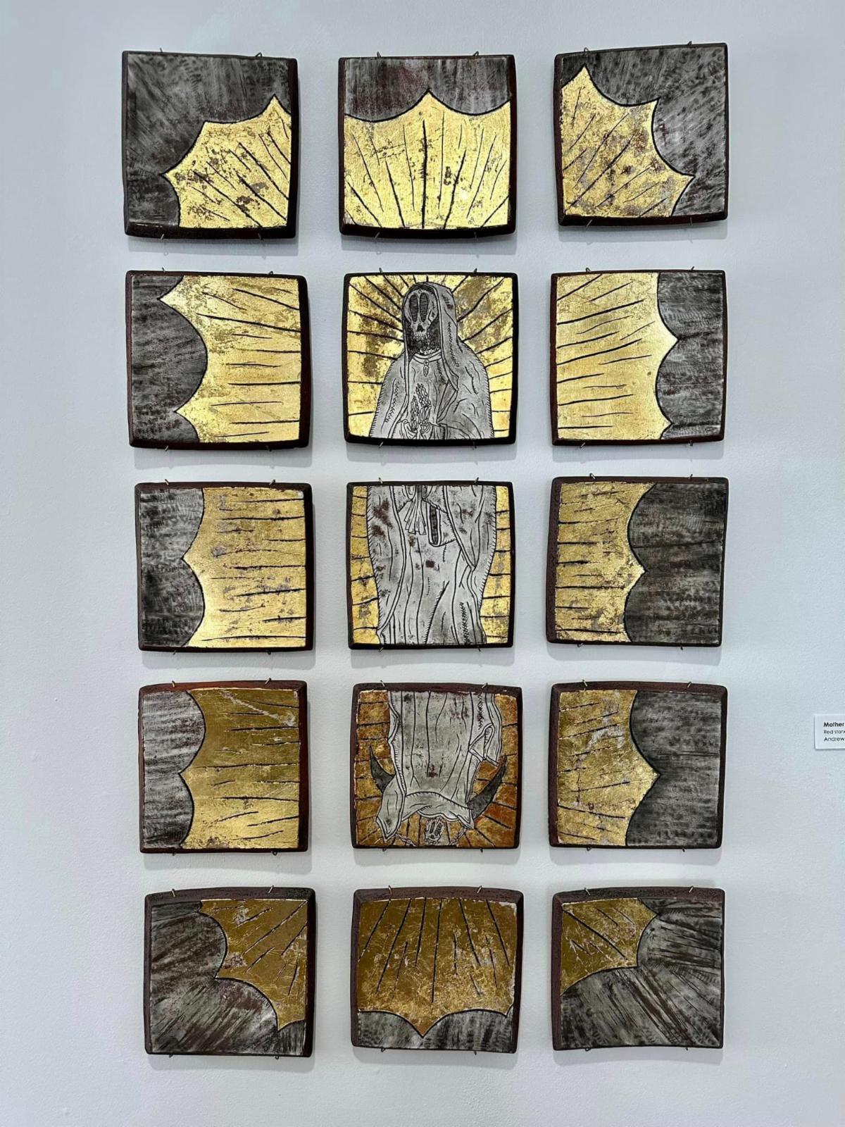 15 ceramic squares to make one picture of a skeleton "Lady of Guadalupe" with gold leaf